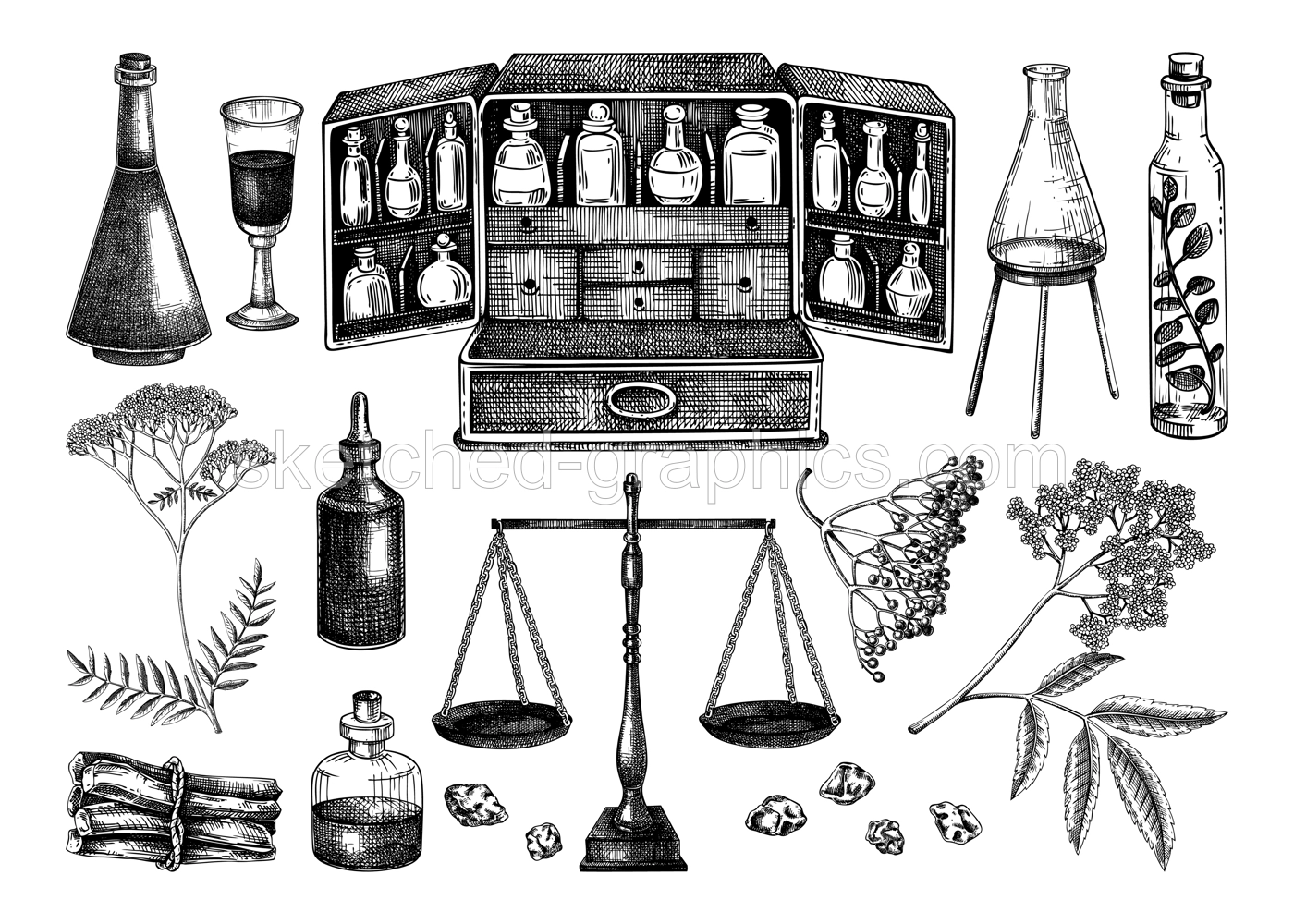 Vinatge apothecary hand-drawn vector illustrations. Apothecary box, scales, glassware, incense, medicinal herbs. Witchcraft shop design elements. NOT AI generated Illustration